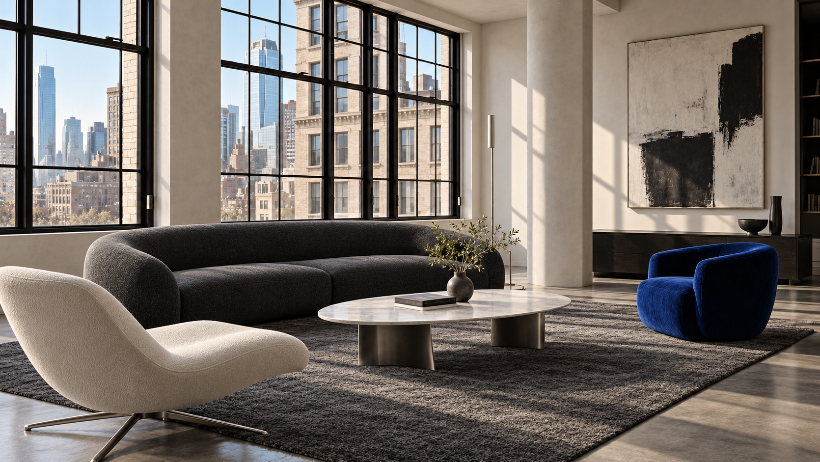 An elegant modern downtown interior with a curved graphite sofa, an ivory lounge chair, an oval marble table, and a cobalt accent chair