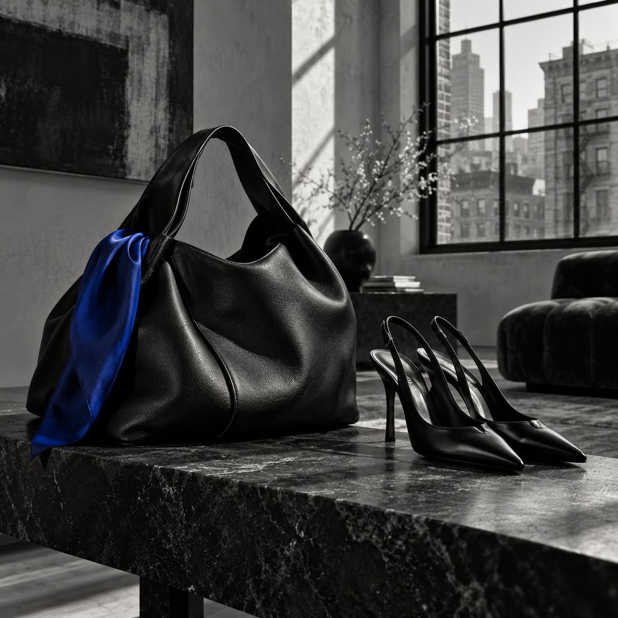 A sculptural black leather bag and refined black heels, with a cobalt silk accent