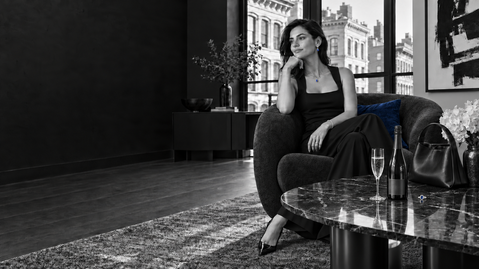A black-and-white portrait of a model in a modern interior, with blue sapphires and a blue cushion, a designer bag, and a dark champagne bottle beside a filled glass